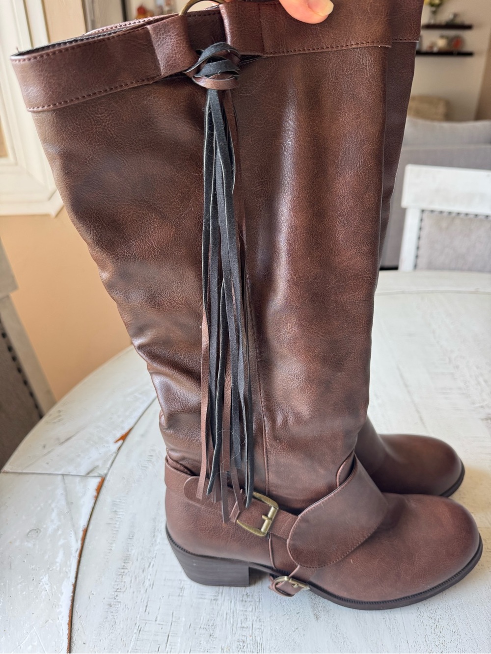 Tall Brown Faux Leather Fringe Knee High Boots Side Zip Buckle Details Size 7